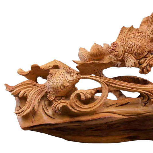 天然木彫り置物「連年有余・金魚」41cm